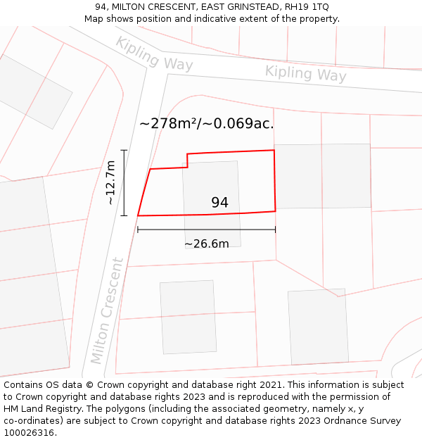 94, MILTON CRESCENT, EAST GRINSTEAD, RH19 1TQ: Plot and title map