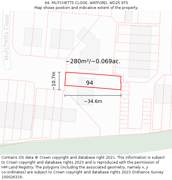 94, MUTCHETTS CLOSE, WATFORD, WD25 9TS: Plot and title map