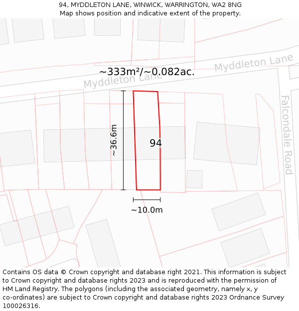 94, MYDDLETON LANE, WINWICK, WARRINGTON, WA2 8NG: Plot and title map