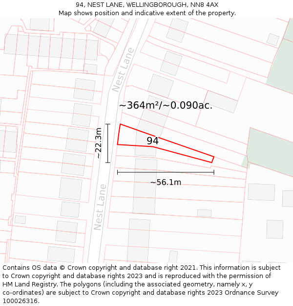 94, NEST LANE, WELLINGBOROUGH, NN8 4AX: Plot and title map