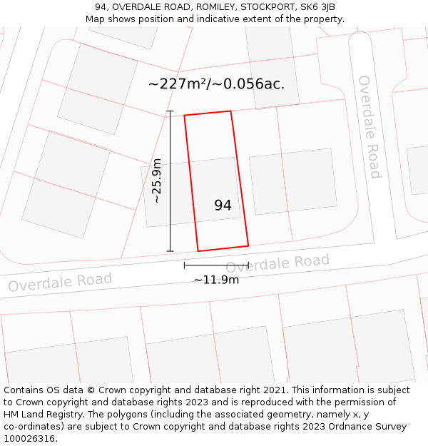 94, OVERDALE ROAD, ROMILEY, STOCKPORT, SK6 3JB: Plot and title map