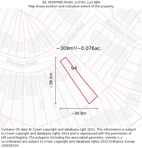 94, PEARTREE ROAD, LUTON, LU2 8BA: Plot and title map