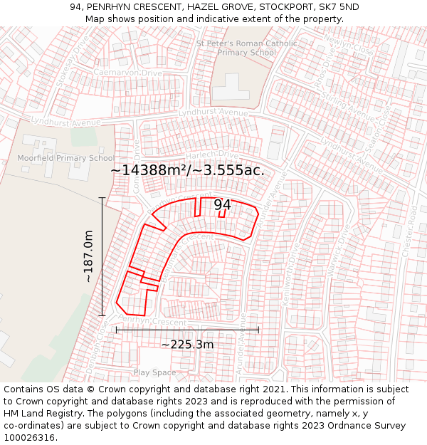 94, PENRHYN CRESCENT, HAZEL GROVE, STOCKPORT, SK7 5ND: Plot and title map