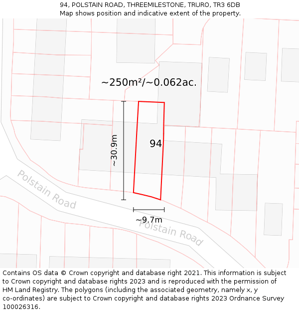 94, POLSTAIN ROAD, THREEMILESTONE, TRURO, TR3 6DB: Plot and title map