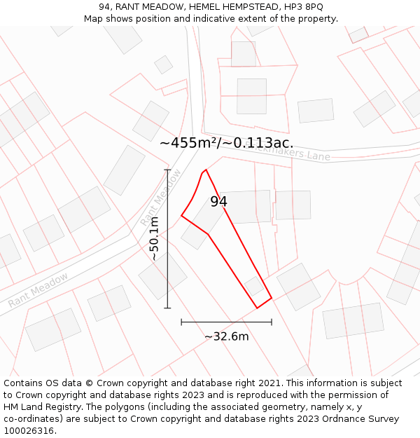 94, RANT MEADOW, HEMEL HEMPSTEAD, HP3 8PQ: Plot and title map