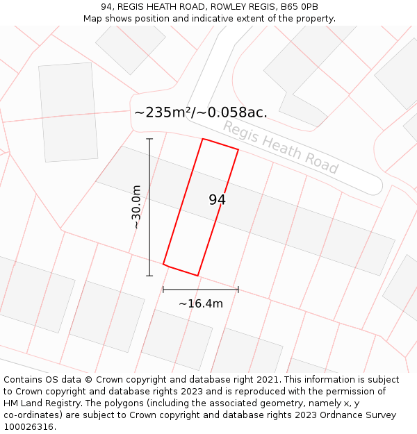 94, REGIS HEATH ROAD, ROWLEY REGIS, B65 0PB: Plot and title map