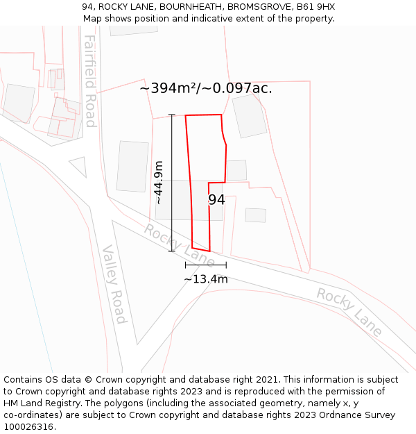 94, ROCKY LANE, BOURNHEATH, BROMSGROVE, B61 9HX: Plot and title map