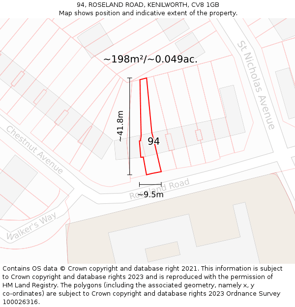 94, ROSELAND ROAD, KENILWORTH, CV8 1GB: Plot and title map