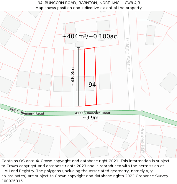 94, RUNCORN ROAD, BARNTON, NORTHWICH, CW8 4JB: Plot and title map