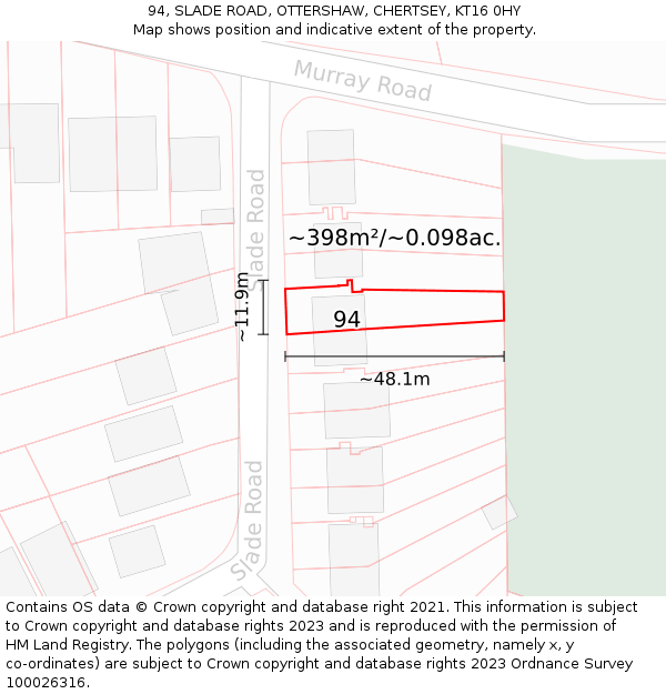 94, SLADE ROAD, OTTERSHAW, CHERTSEY, KT16 0HY: Plot and title map