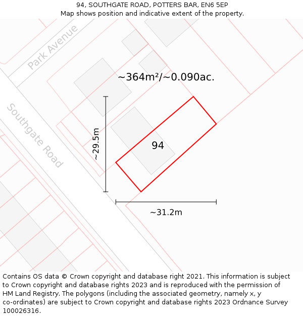 94, SOUTHGATE ROAD, POTTERS BAR, EN6 5EP: Plot and title map