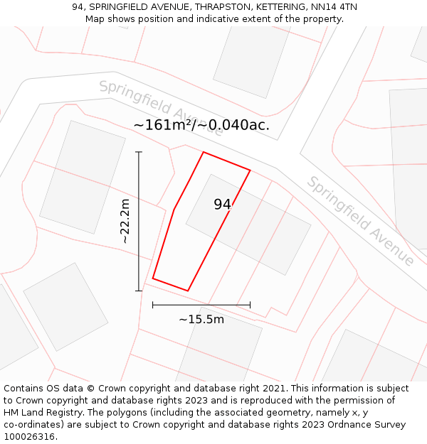 94, SPRINGFIELD AVENUE, THRAPSTON, KETTERING, NN14 4TN: Plot and title map