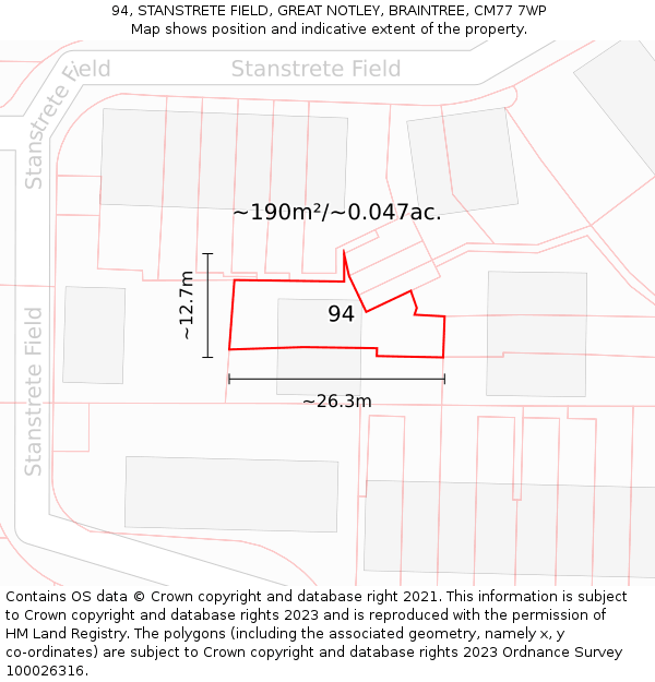 94, STANSTRETE FIELD, GREAT NOTLEY, BRAINTREE, CM77 7WP: Plot and title map