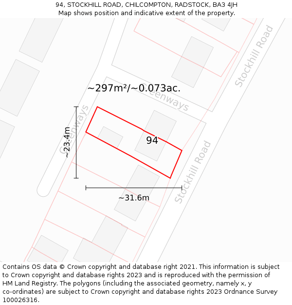 94, STOCKHILL ROAD, CHILCOMPTON, RADSTOCK, BA3 4JH: Plot and title map