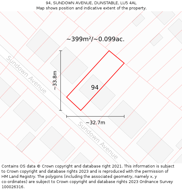 94, SUNDOWN AVENUE, DUNSTABLE, LU5 4AL: Plot and title map