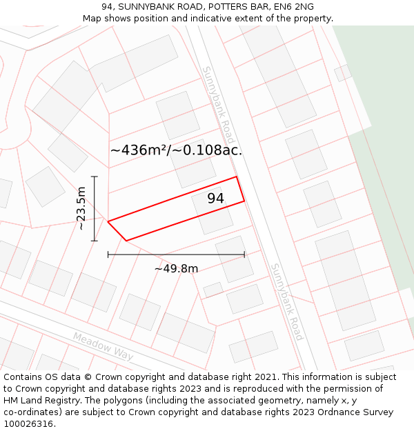 94, SUNNYBANK ROAD, POTTERS BAR, EN6 2NG: Plot and title map