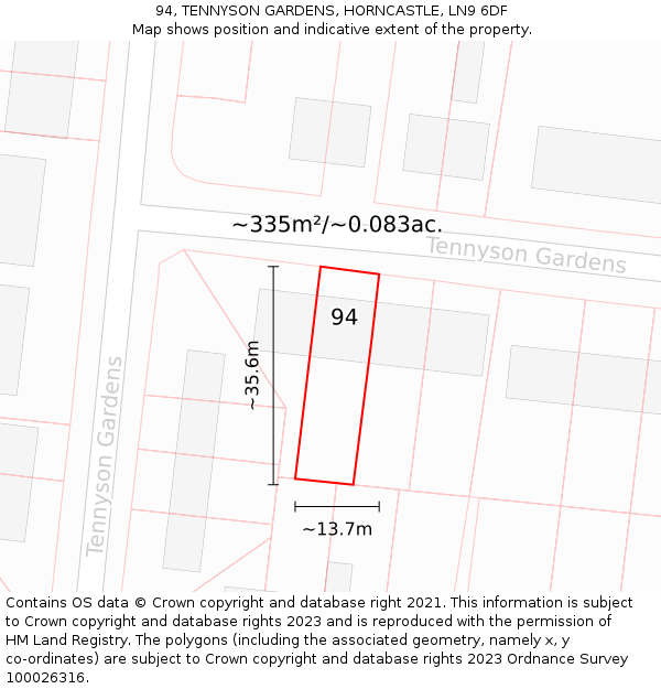 94, TENNYSON GARDENS, HORNCASTLE, LN9 6DF: Plot and title map