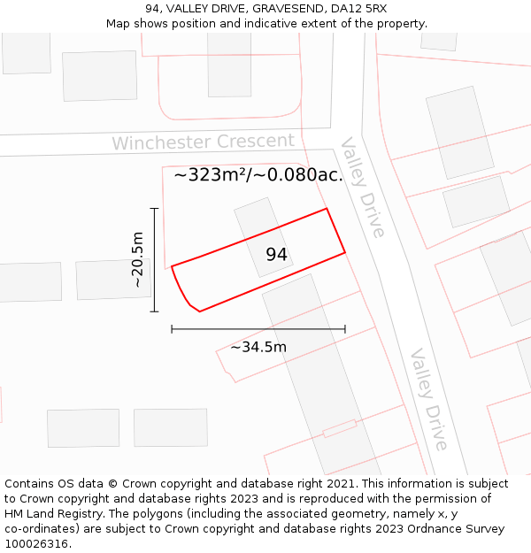 94, VALLEY DRIVE, GRAVESEND, DA12 5RX: Plot and title map