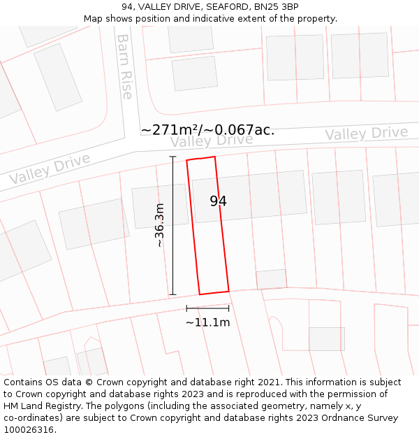 94, VALLEY DRIVE, SEAFORD, BN25 3BP: Plot and title map