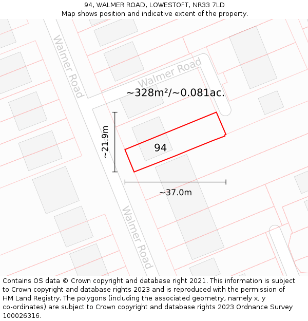 94, WALMER ROAD, LOWESTOFT, NR33 7LD: Plot and title map