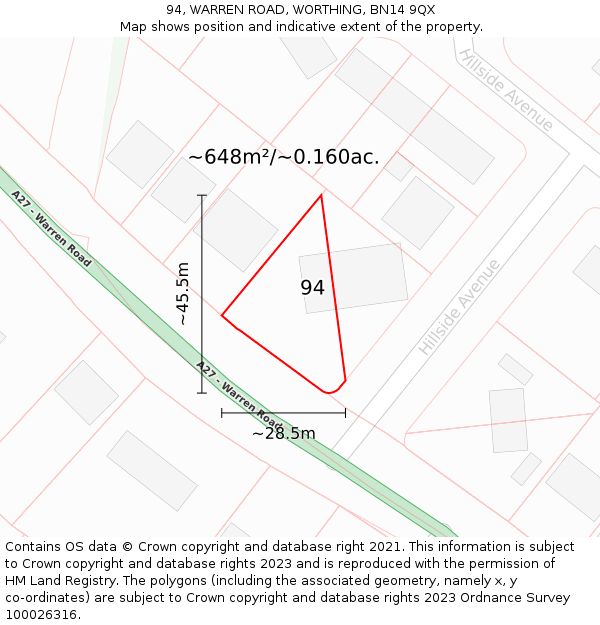 94, WARREN ROAD, WORTHING, BN14 9QX: Plot and title map