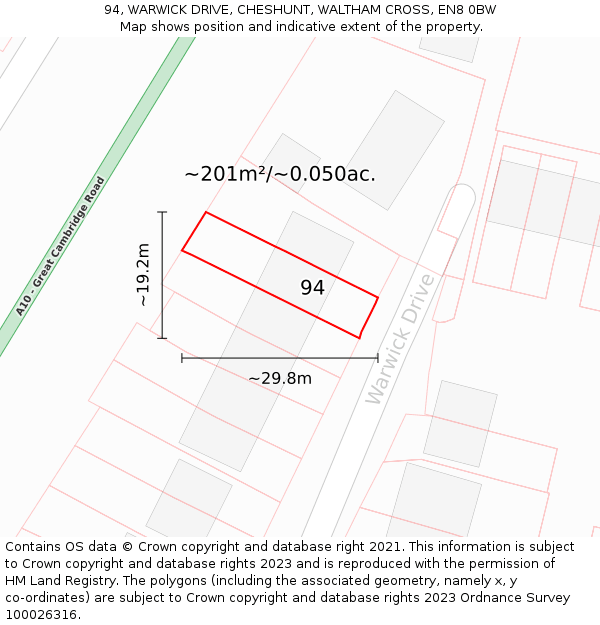 94, WARWICK DRIVE, CHESHUNT, WALTHAM CROSS, EN8 0BW: Plot and title map