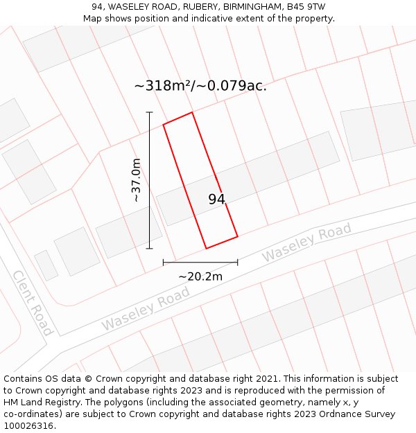 94, WASELEY ROAD, RUBERY, BIRMINGHAM, B45 9TW: Plot and title map