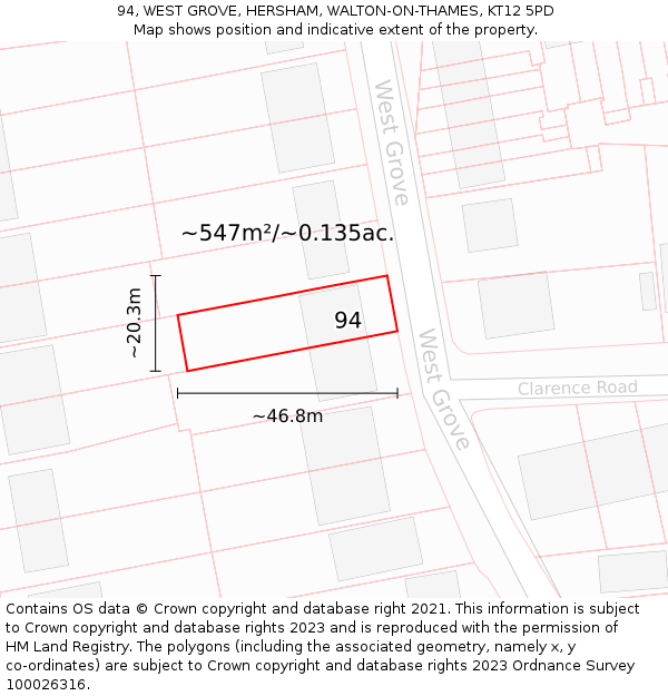 94, WEST GROVE, HERSHAM, WALTON-ON-THAMES, KT12 5PD: Plot and title map