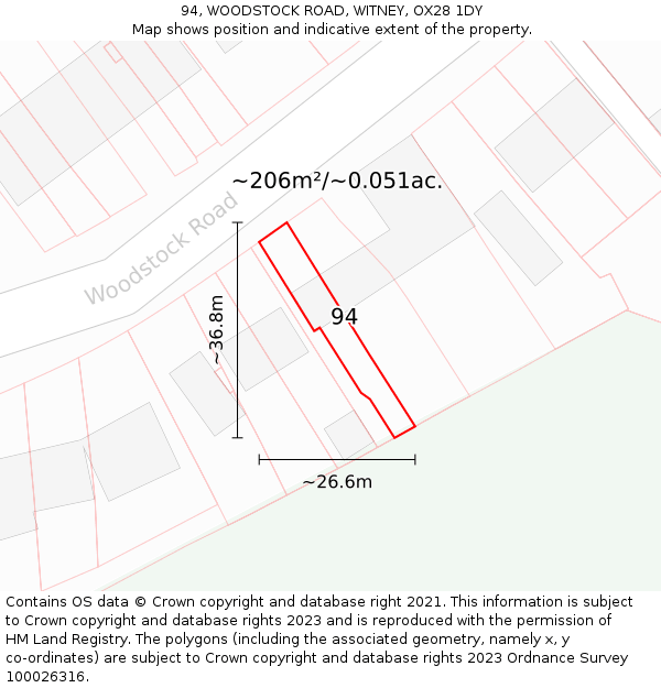 94, WOODSTOCK ROAD, WITNEY, OX28 1DY: Plot and title map