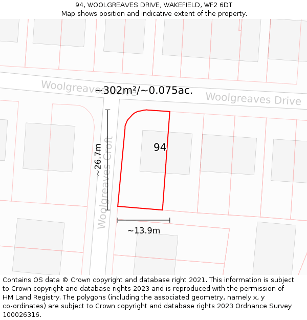 94, WOOLGREAVES DRIVE, WAKEFIELD, WF2 6DT: Plot and title map