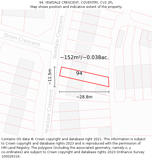 94, YEWDALE CRESCENT, COVENTRY, CV2 2FL: Plot and title map