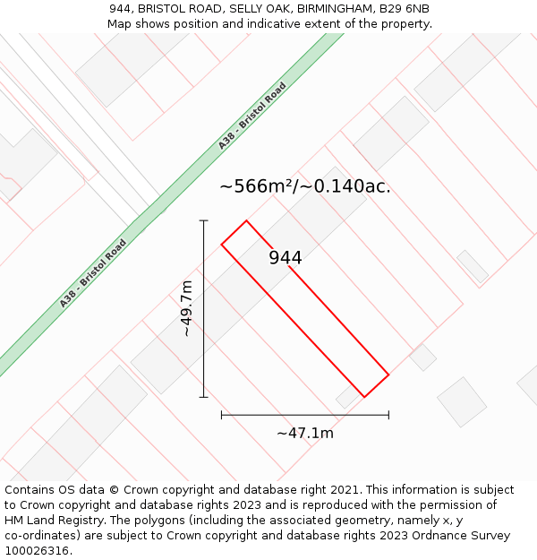 944, BRISTOL ROAD, SELLY OAK, BIRMINGHAM, B29 6NB: Plot and title map