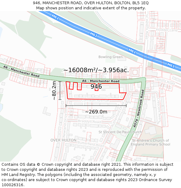 946, MANCHESTER ROAD, OVER HULTON, BOLTON, BL5 1EQ: Plot and title map