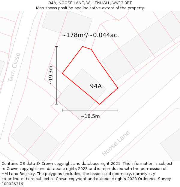 94A, NOOSE LANE, WILLENHALL, WV13 3BT: Plot and title map