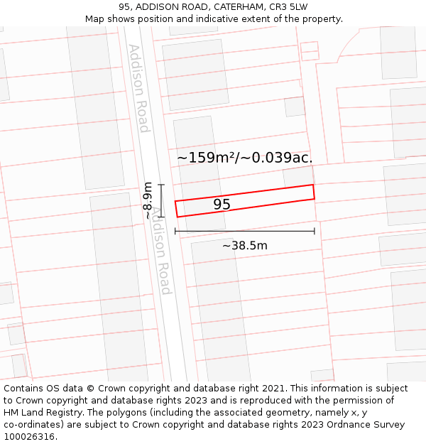 95, ADDISON ROAD, CATERHAM, CR3 5LW: Plot and title map