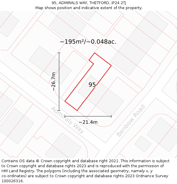 95, ADMIRALS WAY, THETFORD, IP24 2TJ: Plot and title map