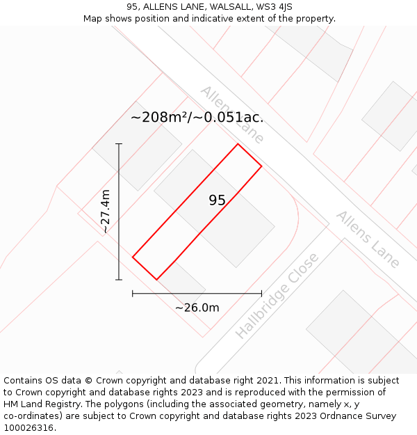 95, ALLENS LANE, WALSALL, WS3 4JS: Plot and title map