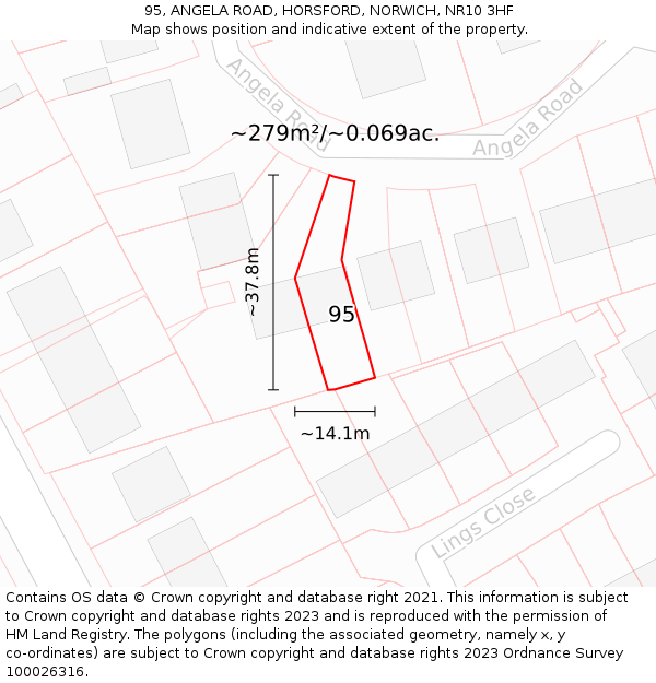 95, ANGELA ROAD, HORSFORD, NORWICH, NR10 3HF: Plot and title map