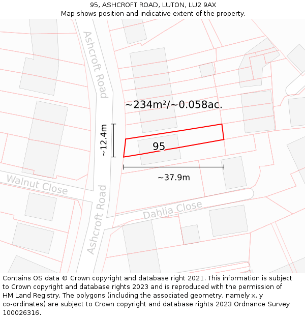 95, ASHCROFT ROAD, LUTON, LU2 9AX: Plot and title map