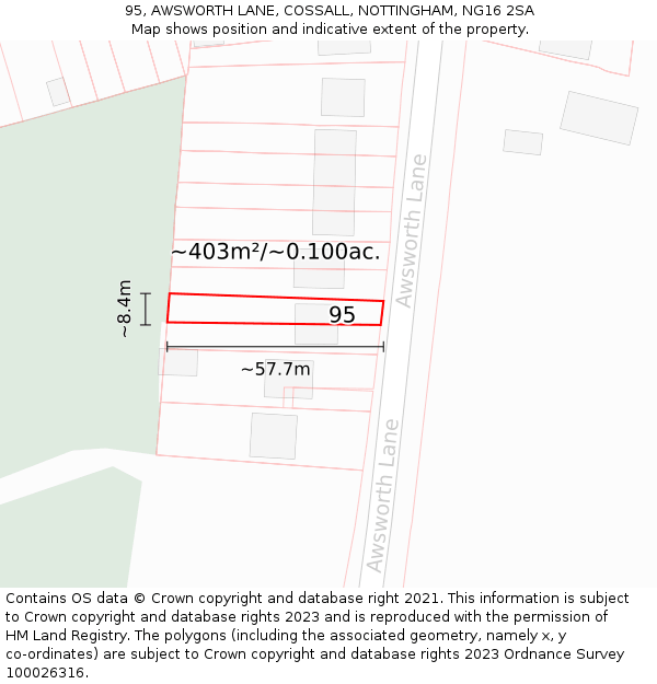 95, AWSWORTH LANE, COSSALL, NOTTINGHAM, NG16 2SA: Plot and title map