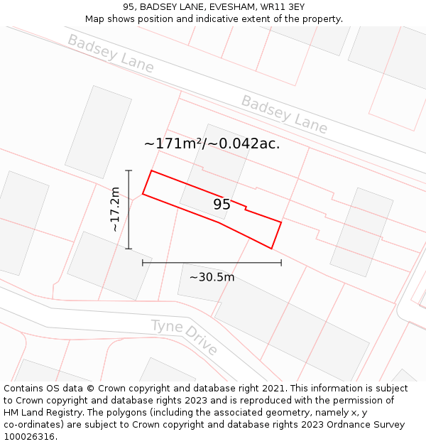 95, BADSEY LANE, EVESHAM, WR11 3EY: Plot and title map