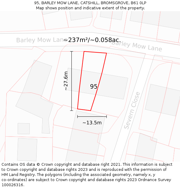 95, BARLEY MOW LANE, CATSHILL, BROMSGROVE, B61 0LP: Plot and title map