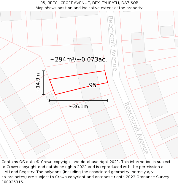 95, BEECHCROFT AVENUE, BEXLEYHEATH, DA7 6QR: Plot and title map