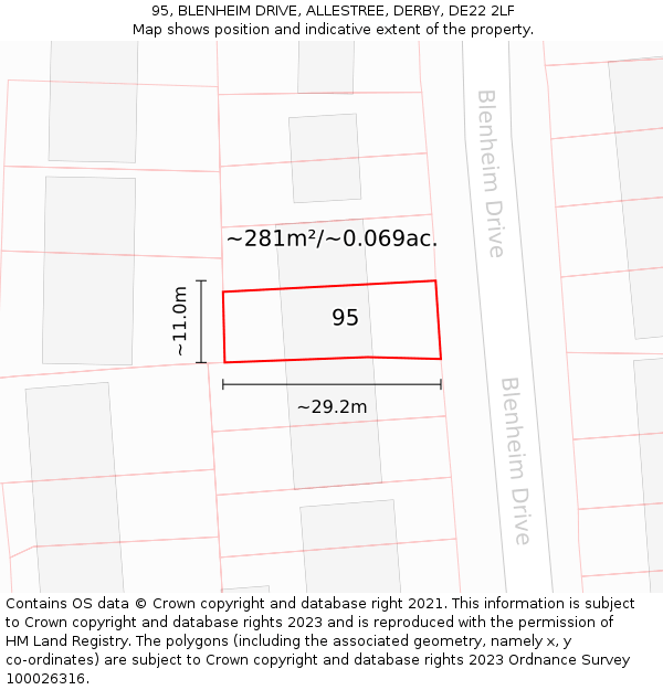 95, BLENHEIM DRIVE, ALLESTREE, DERBY, DE22 2LF: Plot and title map