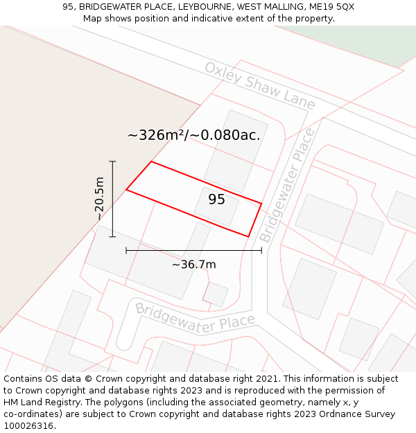 95, BRIDGEWATER PLACE, LEYBOURNE, WEST MALLING, ME19 5QX: Plot and title map