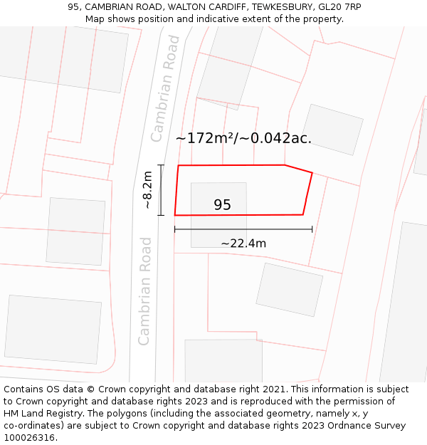 95, CAMBRIAN ROAD, WALTON CARDIFF, TEWKESBURY, GL20 7RP: Plot and title map