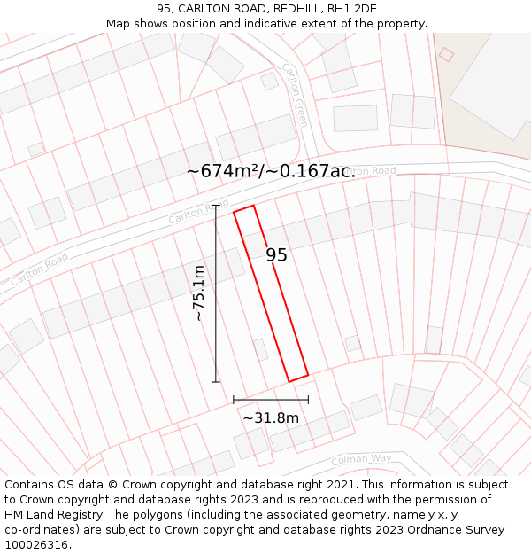 95, CARLTON ROAD, REDHILL, RH1 2DE: Plot and title map