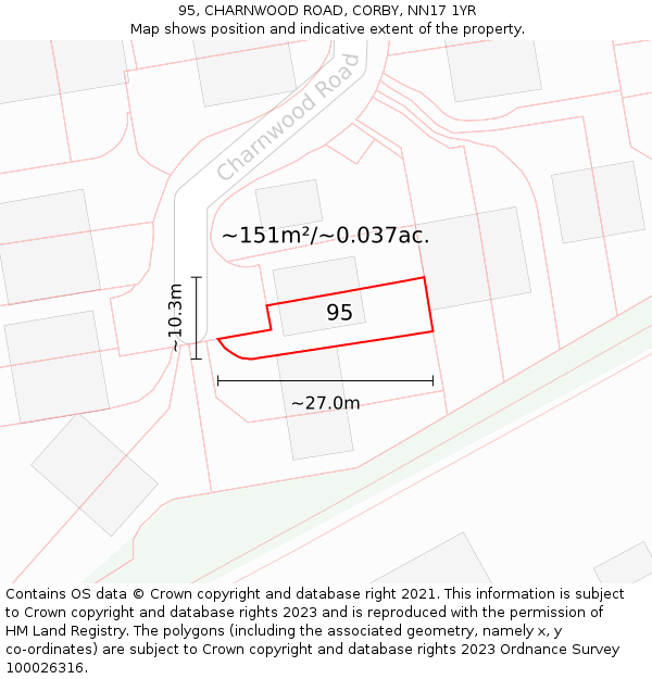 95, CHARNWOOD ROAD, CORBY, NN17 1YR: Plot and title map