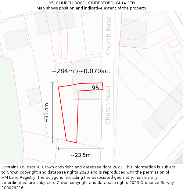 95, CHURCH ROAD, CINDERFORD, GL14 3EN: Plot and title map