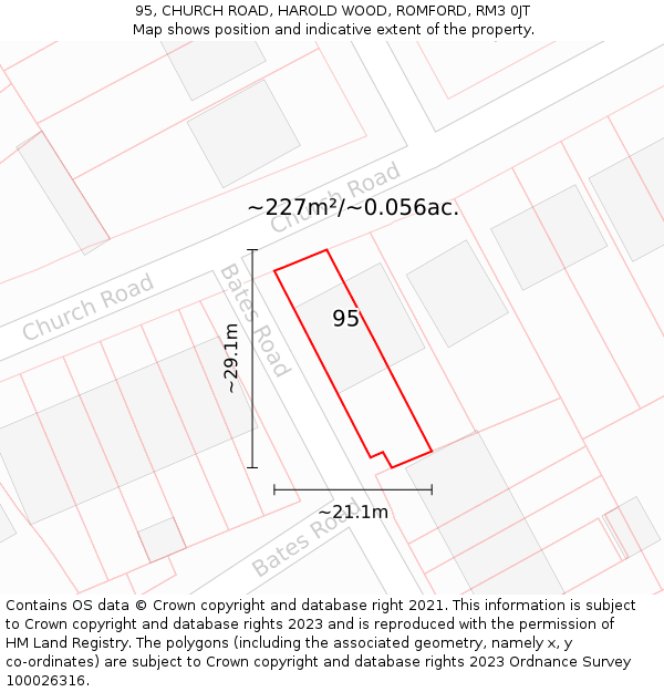 95, CHURCH ROAD, HAROLD WOOD, ROMFORD, RM3 0JT: Plot and title map